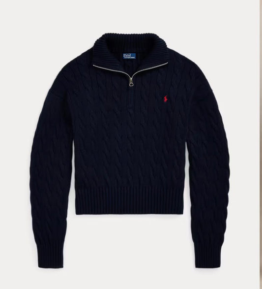 Damen Zopfstrick-Pullover mit Half-Zip und Stehkragen