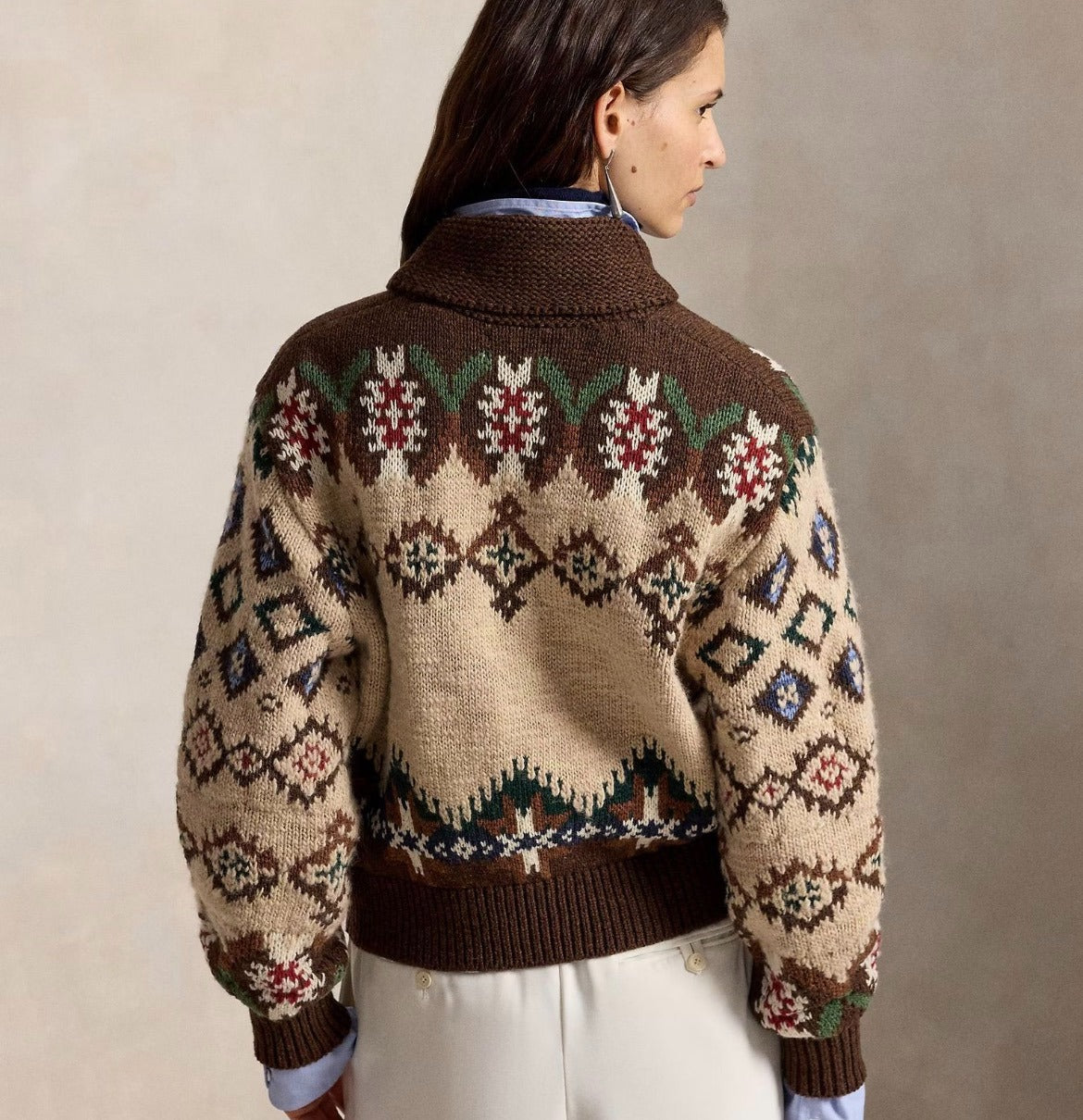 Damen Jacquard-Strickjacke mit Schalkragen – Vintage Elegance