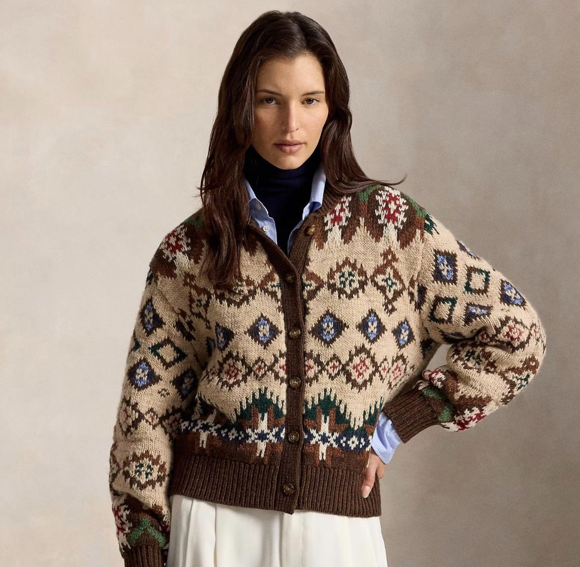 Damen Jacquard-Strickjacke mit Schalkragen – Vintage Elegance