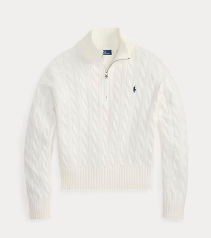 Damen Zopfstrick-Pullover mit Half-Zip und Stehkragen